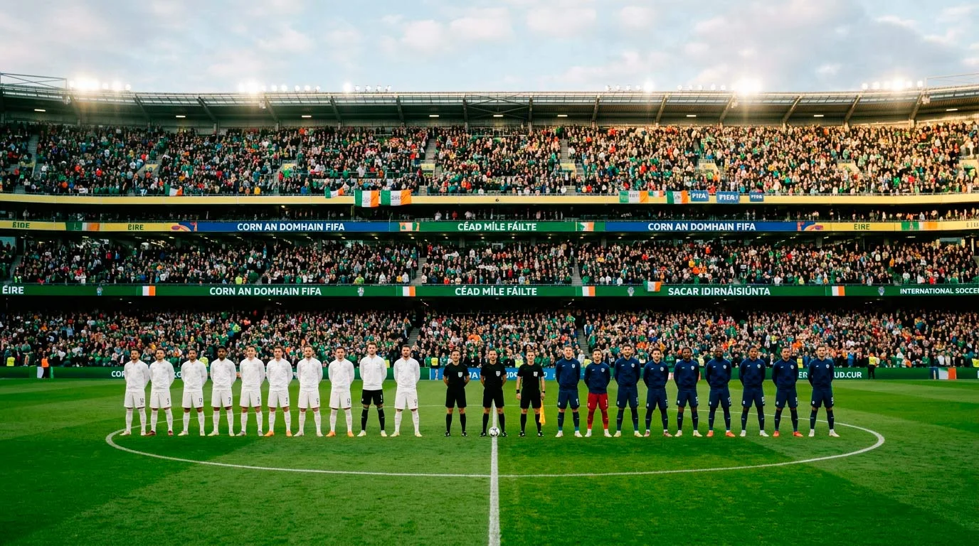Dhá fhoireann sacair idirnáisiúnta ag seasamh os comhair a chéile ar pháirc roimh thús cluiche, le bratach FIFA sa chúlra